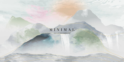 mountain and golden line arts background vector. oriental luxury landscape background design with wa