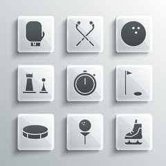 Sticker - Set Golf ball on tee, Skates, flag, Stopwatch, Hockey puck, Chess, Boxing glove and Bowling icon. Vector