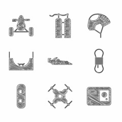 Sticker - Set Formula 1 racing car, Drone flying, Action extreme camera, Climber rope, Snowboard, Skate park, Helmet and ATV motorcycle icon. Vector