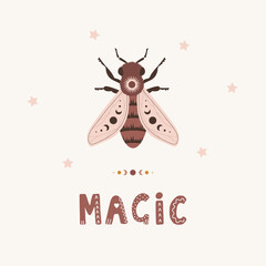 Wall Mural - Honeybee boho poster. Insect with celestial elements. Scandinavian design for children wallpaper and home decor. Cute pastel vector illustration in cartoon style.