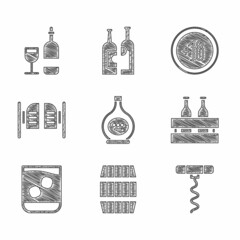 Canvas Print - Set Bottle of cognac or brandy, Wooden barrel, Wine corkscrew, Pack beer bottles, Glass whiskey, Saloon door, Alcohol 18 plus and with glass icon. Vector