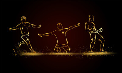 Wall Mural - Winners Football players set. Golden linear soccer player illustration with victory emotions.