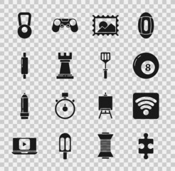 Sticker - Set Piece of puzzle, Wi-Fi wireless internet network, Billiard pool snooker ball, Postal stamp, Business strategy, Rolling pin, Kettlebell and Spatula icon. Vector