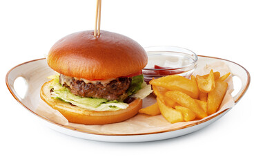 Wall Mural - Burger and potato wedges on plate isolated on white background