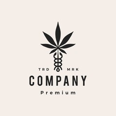 Wall Mural - caduceus cannabis medical pharmacy hipster vintage logo vector icon illustration