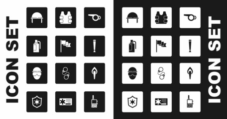 Sticker - Set Whistle, Location marker, Hand grenade, Military helmet, Police rubber baton, Bulletproof vest, Torch flame and Special forces soldier icon. Vector