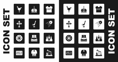 Sticker - Set USSR t-shirt, Ice hockey stick and puck, Christian cross, Cockerel lollipop, Satellite, King crown, Church building and Snowflake icon. Vector