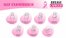 Breast cancer, medical infographic. Self examination. Women s health set. Breast cancer awareness set. Healthcare poster or banner template. Diagnostics. Medicine, anatomy. Vector illustration.