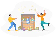 Find Buried, Hidden Treasure Chest, Become Rich, Wealth. Two People Stand Near Treasure Chest. Modern Vector Illustration