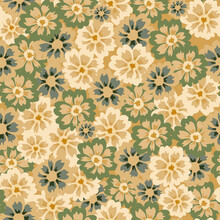 Seamless Pattern Aster On Yellow Background. Beautiful Texture Green Flowers In Doodle Style.