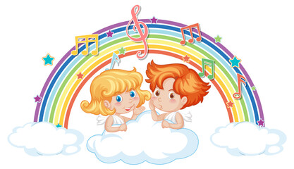 Sticker - Cupid couple on the cloud with melody symbols on rainbow