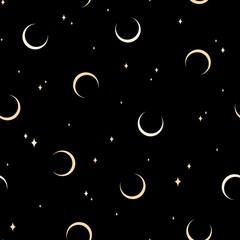 Seamless pattern with moon and stars on black background.  Contemporary  composition. Boho wall decor. Mid century art print. Trendy texture for print, textile, packaging. Bohemian art.