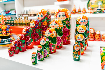 Wall Mural - A set of wooden painted dolls matryoshka on the counter of a souvenir shop for tourists