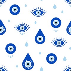 Wall Mural - Evil eyes seamless pattern. Vector texture of protection talismans. Line art. 