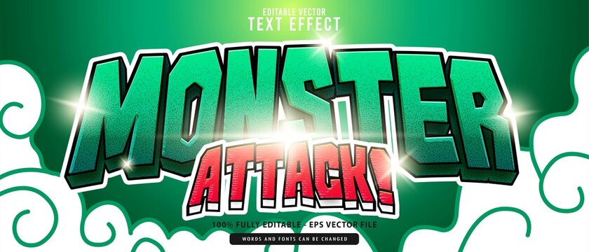 Monster Attack, premium vector editable modern 3d green red glowing cartoon style text effect