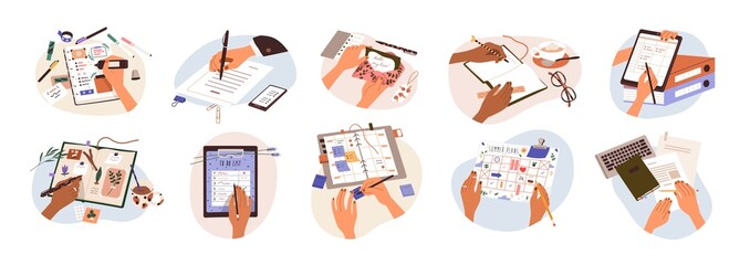 Aufkleber - Set of hands holding pens and pencils, writing letter on paper, taking notes in notebook, filling diary and planners, signing business documents. Flat vector illustration isolated on white background