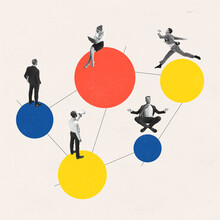 Teamwork. Young Men And Woman, Businessman, Finance Analyst Or Clerk In Business Clothes Isolated On Light Background. Yellow, Blue And Red Circles