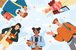 © redgreystock - Cheerful students with study books look down, view from the bottom. Flat smiling multicultural teenagers together in modern clothes. University, college or school friends of different nationalities