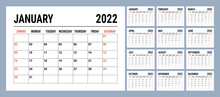 Calendar 2022 Year. English Template. Vector Horizontal Grid. Landscape Orientation. Office Business Planning Design