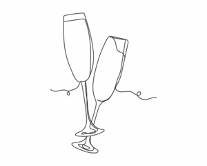 continuous one line drawing of two glasses with sparkling wine in silhouette on a white background. 