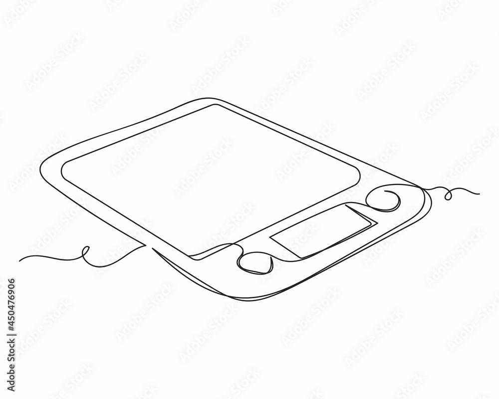 Kitchen Spring Scale Line Drawing Continuous one line drawing of kitchen scale in silhouette on a white ...