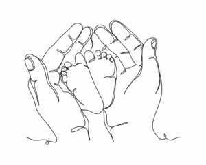 Continuous one line drawing of mother hands holding legs of a newborn in silhouette on a white background. Linear stylized.Minimalist.