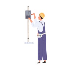 Poster - Electrician working with electricity and switchboard, repairing and fixing electrical wiring system. Worker work with electric wires, cables and tools. Flat vector illustration isolated on white