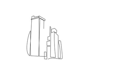 Wall Mural - Self drawing animation of Modern cityscape. Metropolis architecture panoramic landscape continuous one line drawing. Dubai skyscrapers hand drawn silhouette. Apartment buildings