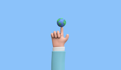 Wall Mural - Cartoon style hand holding a planet earth. Earth day concept. 3D Render