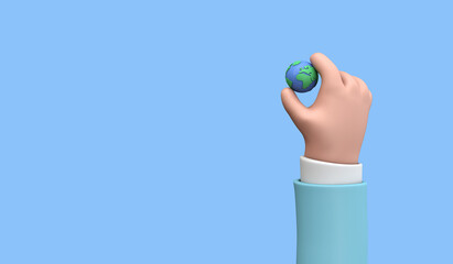 Wall Mural - Cartoon style hand holding a planet earth. Earth day concept. 3D Render
