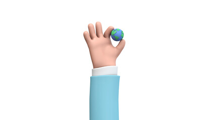 Wall Mural - Cartoon style hand holding a planet earth. Earth day concept. 3D Render