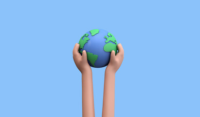 Wall Mural - Cartoon style hand holding a planet earth. Earth day concept. 3D Render