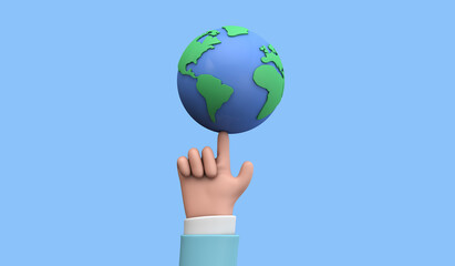 Wall Mural - Cartoon style hand holding a planet earth. Earth day concept. 3D Render