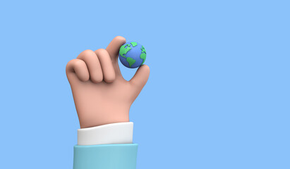 Wall Mural - Cartoon style hand holding a planet earth. Earth day concept. 3D Render