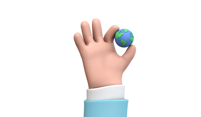 Wall Mural - Cartoon style hand holding a planet earth. Earth day concept. 3D Render