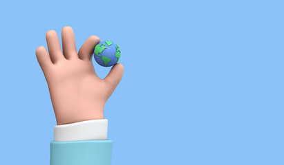 Wall Mural - Cartoon style hand holding a planet earth. Earth day concept. 3D Render