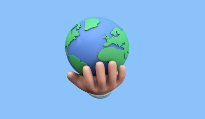 Cartoon style hand holding a planet earth. Earth day concept. 3D Render