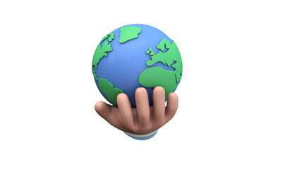 Wall Mural - Cartoon style hand holding a planet earth. Earth day concept. 3D Render