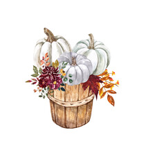 Fall Harvest Basket With Pastel Pumpkins And Flowers. Watercolor Hand Painted Illustration. Autumn Card, Invitation Template Design. White Pumpkins. Burgundy Flowers, Orange Leaves In A Wooden Bucket.