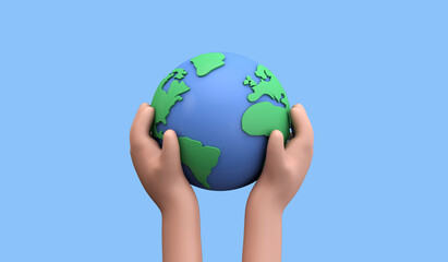 Wall Mural - Cartoon style hand holding a planet earth. Earth day concept. 3D Render