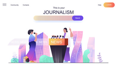 Aufkleber - Journalism web concept for landing page. Woman speaker speaks at press conference, journalist with microphone asks questions banner template. Vector illustration for web page in flat cartoon design