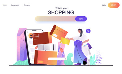 Aufkleber - Shopping web concept for landing page. Woman shopper paying for purchases using mobile phone app, online shopping on sale banner template. Vector illustration for web page in flat cartoon design