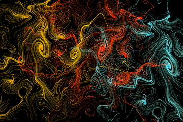 Poster - 3d abstract multicolor background. Ornamental flowing swirl shapes wallpaper. Spiral line art tracery surface ornament. Textured geometric repeat backdrop. Modern striped spirals design.