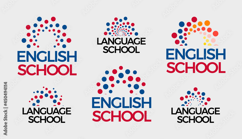 English School logo set, abstract bubbles round logotype collection. Dots sun, Sunrise, Knowledge Symbol for modern and trendy style logo template, education and learning symbol. Vector identity