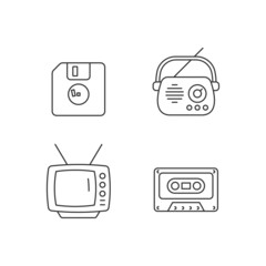 Sticker - Collectible vintage stuff linear icons set. Floppy disk. Antique radio. TV model. Tape cassette. Customizable thin line contour symbols. Isolated vector outline illustrations. Editable stroke