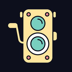 Sticker - Old photo camera RGB color icon for dark theme. Optical instrument for image capturing. Vintage photography. Isolated vector illustration on night mode background. Simple filled line drawing on black