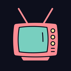 Sticker - Old-style television RGB color icon for dark theme. TV older model. Transmitting moving images in monochrome. Isolated vector illustration on night mode background. Simple filled line drawing on black