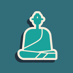 Sticker - Green Buddhist monk in robes sitting in meditation icon isolated on green background. Long shadow style. Vector Illustration