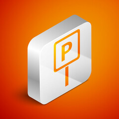 Wall Mural - Isometric Parking icon isolated on orange background. Street road sign. Silver square button. Vector