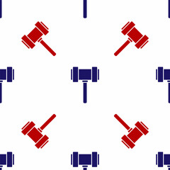 Sticker - Blue and red Judge gavel icon isolated seamless pattern on white background. Gavel for adjudication of sentences and bills, court, justice. Auction hammer. Vector.